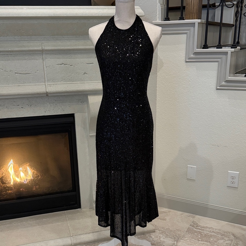 Badgley Mischka Black Sequined Halter Dress